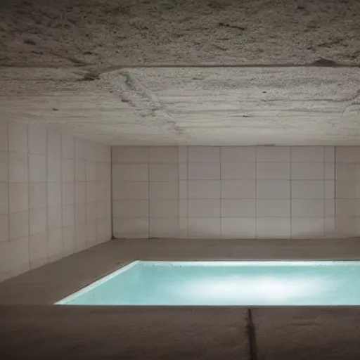 Prompt: a dimly lit underground pool made of white stone, surreal, liminal, eerie, minimalist, photo,