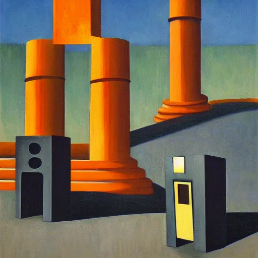 Image similar to line of robots guarding a brutalist castle, evil visages, dystopian, pj crook, edward hopper, oil on canvas