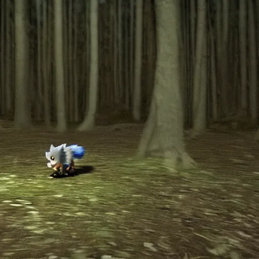 Image similar to midnight trail cam footage of a Sonic the Hedgehog in a dark forest, flash photo, grainy, motion blur