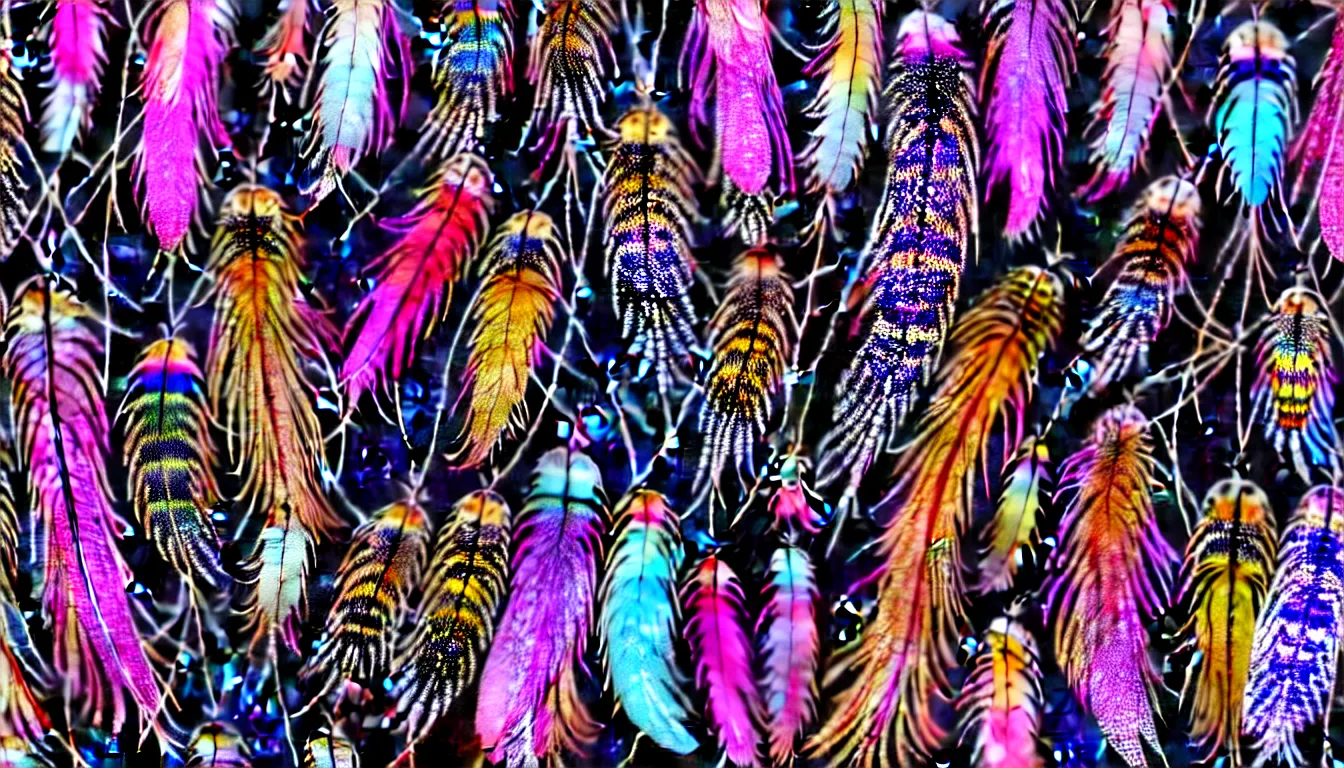 Image similar to multifaceted detailed insects eyes ,reflect in a realistic beautiful human face, surrounded by fabrics covered in iridescent feathers glinting , emerging hands and beautiful women’s and men screaming laughing and crying face ,biodiversity all round , full colour , upscale , 8k