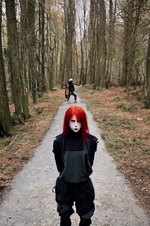 Image similar to beautiful red haired woman in techwear, warcore look and clothes, ACG, ACRNYM, Rick Owens, trending on r/streetwear, outfit photo, we see them from head to toe