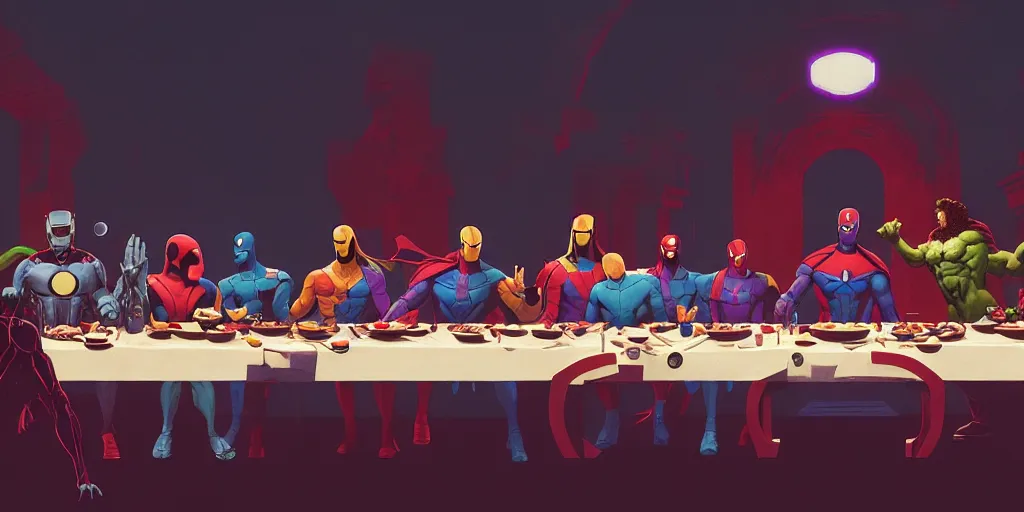 Prompt: marvel universe last supper by beeple and greg rutkowski, digital painting, trending on artstation, sharp focus, 4 k