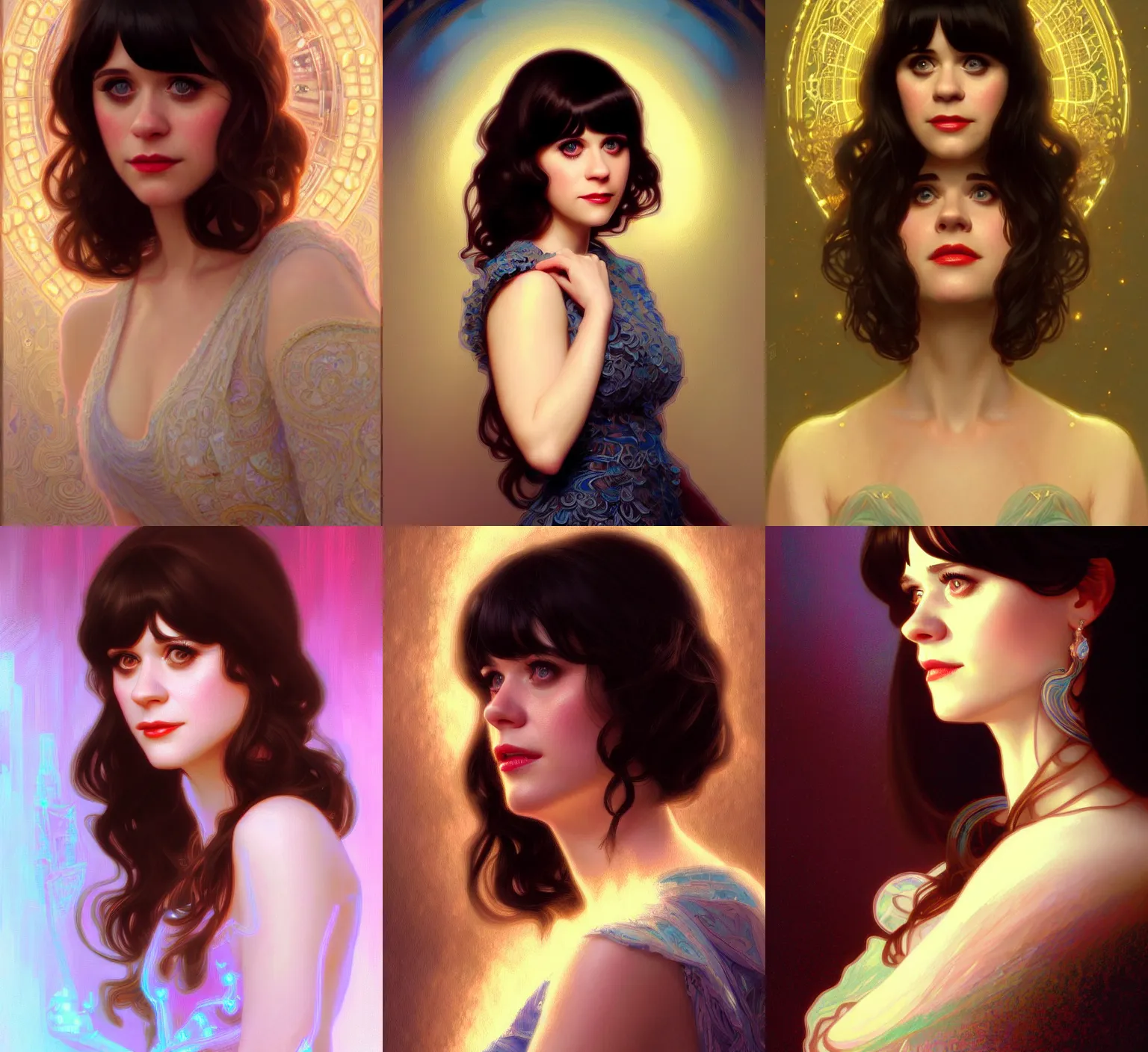 Prompt: portrait of zooey deschanel!, intricate, elegant, glowing lights, highly detailed, digital painting, artstation, glamor pose, concept art, smooth, sharp focus, illustration, art by wlop, alphonse mucha and craig mullins