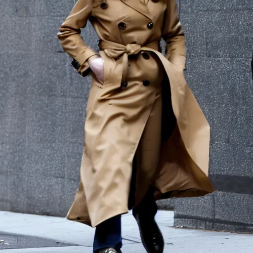 Image similar to 4 k award - winning still of evan rachel wood with brown hair with bangs wearing a trench coat walking in new york city