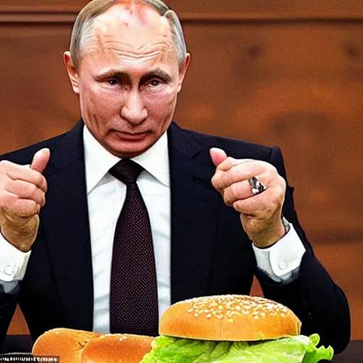 Image similar to Vladimir Putin, slathered in mayonnaise On a bed of lettuce and tomato between a bread bun