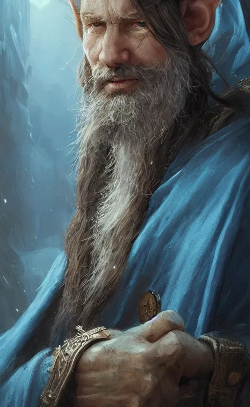 Image similar to portrait of a middle aged elf with a long beard, dressed in a blue cloak with clock iconography, brown hair, raised hand, detailed face, fantasy, highly detailed, cinematic lighting, digital art painting by greg rutkowski