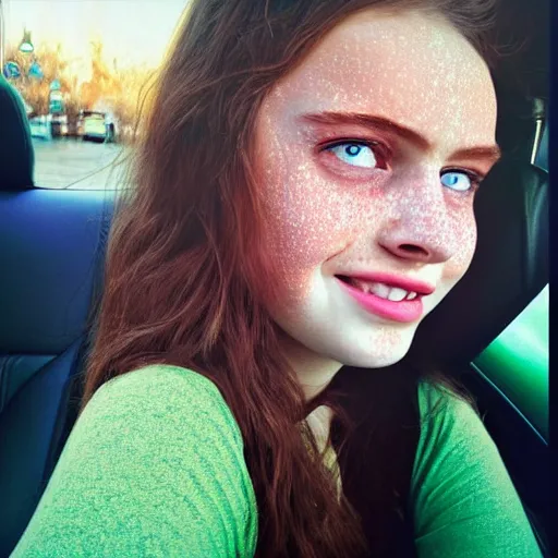 Image similar to ! beautiful hyperrealism hyperdetailed selfie of a cute young woman with vivid emerald green eyes, sitting in her car, long bronze brown hair, flushed face, red blush, light freckles, big puffy lips, smiling softly, soft features, 8 k, sharp focus, art by irakli nadar, instagram, portra 4 0 0