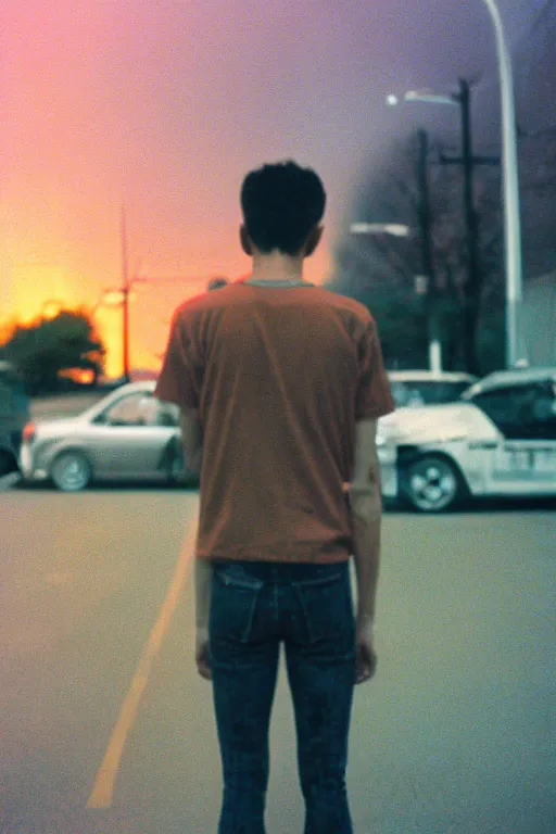 Prompt: kodak ultramax 4 0 0 photograph of a skinny guy standing in street, back view, looking at burning sky, grain, faded effect, vintage aesthetic, vaporwave colors,
