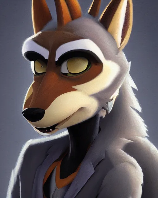 Image similar to oil painting of anthromorphic female wolf, in style of cory loftis, fursona, furry, furaffinity, 4 k, deviantart, furry art, fursona art, wearing black business suit, business suit, in style of zootopia, wolf fursona, cyberpunk, female, very very very expressive detailed feminine face,