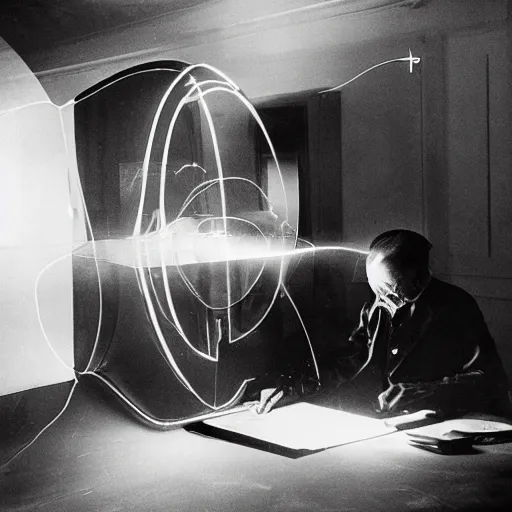 Prompt: filmstill of Marcel Duchamp working on a futuristic machine, long exposure, archival pigment print