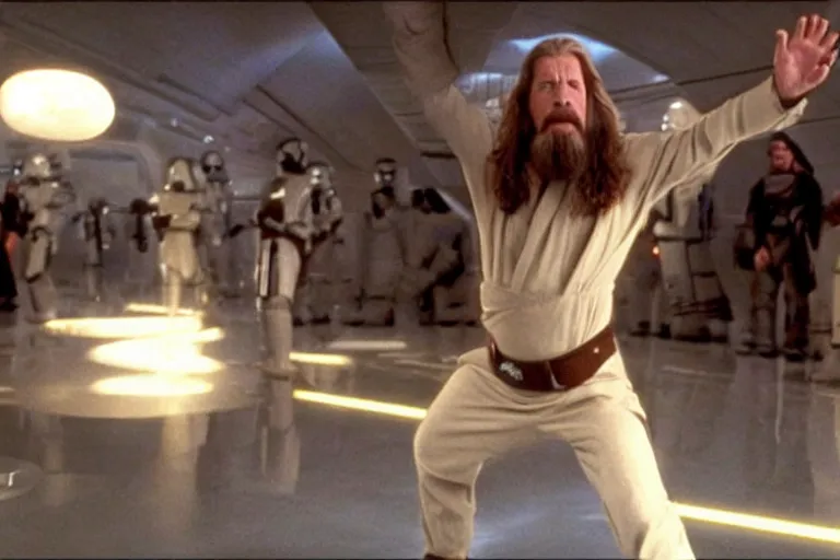 Prompt: A movie shot from Star Wars, The Dude from The Big Lebowski using the force on bowling balls making them levitate above the ground, on Degobah