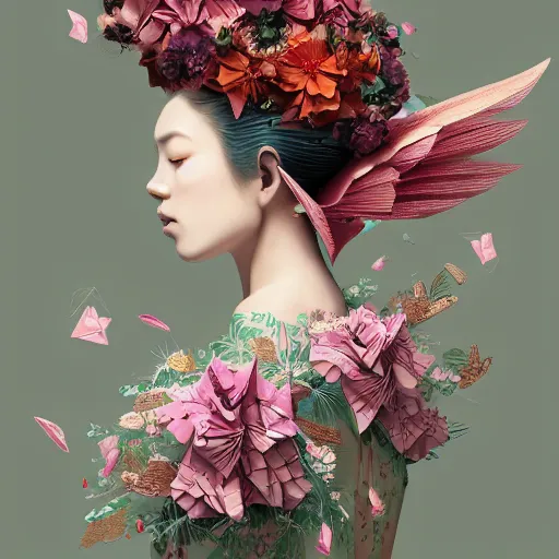 Image similar to 3 / 4 view of a beautiful girl wearing an origami dress, eye - level medium shot, fine floral ornaments in cloth and hair, hummingbirds, elegant, by eiko ishioka, givenchy, hsiao cheng, by peter mohrbacher, centered, fresh colors, origami, fashion, detailed illustration, vogue, japanese, reallusion character creator