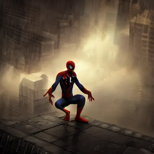 Image similar to moody atmospheric render of an spiderman wearing shorts and sandals by leon tukker
