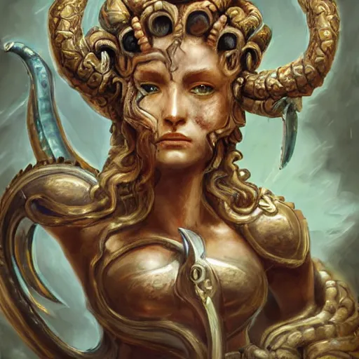 Image similar to a portrait of a torquoise fantasy armored medusa head holding a spear, medusa head, medusa head, medusa head, pillars background with ruined and statues, fantasy game art, fantasy rpg, league of legends