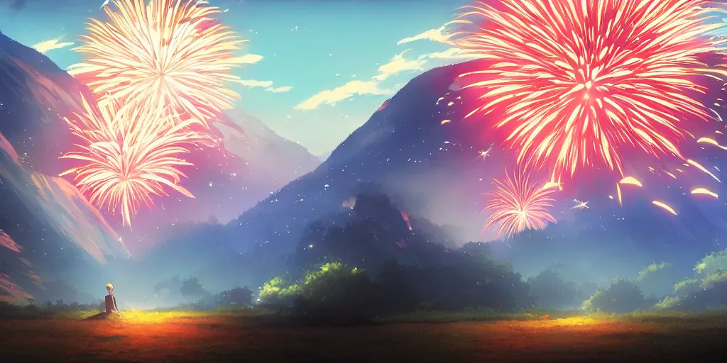 Image similar to fireworks, mountain, summer festival wide landscape, eva, war, lonely, art by makoto shinkai