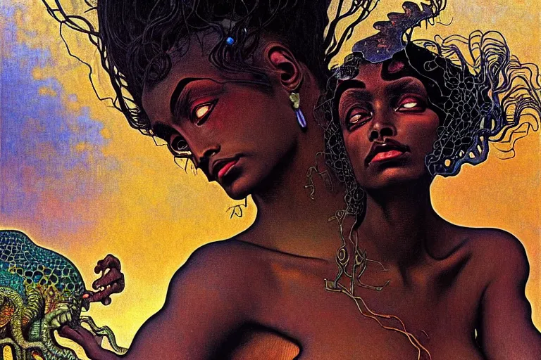 Image similar to realistic extremely detailed closeup portrait painting of a beautiful black woman, mutant dragon and a single old house on background by Jean Delville, Amano, Yves Tanguy, Ilya Repin, Alphonse Mucha, Ernst Haeckel, Edward Robert Hughes, Roger Dean, heavy metal 1981, rich moody colours