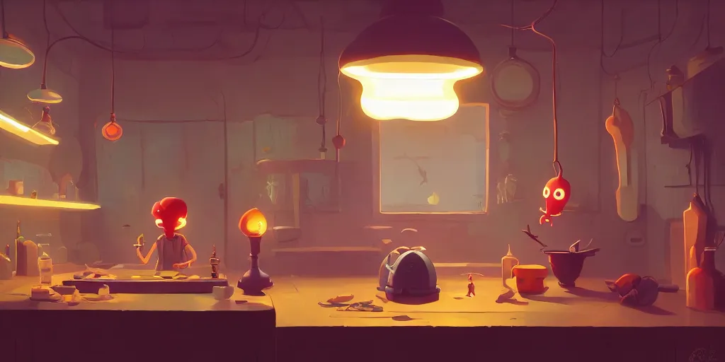 Image similar to cute lonely kitchen dim lit by a candle ripped physique simon stalenhag gerald brom bastien grivet by greg rutkowski game background fisheye lens day of the tentacle