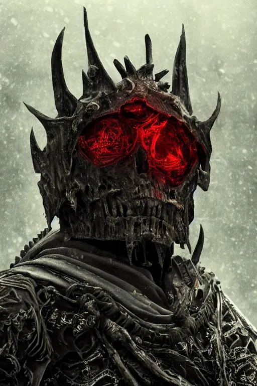 Prompt: a portrait of an ancient decayed lich king, dark fantasy setting, dynamic pose, decay, dull glowing red eyes, close - up, intricate details, intricately detailed clothing and textures, warm lighting, vivid colors, smoke and mist, hyper realistic octane render, volumetric shading, depth of field, raytracing, 8 k,
