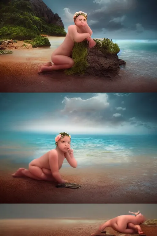 Image similar to digital matte fantasy dreamy beachscape, artstation, behance, 8 k by anne geddes