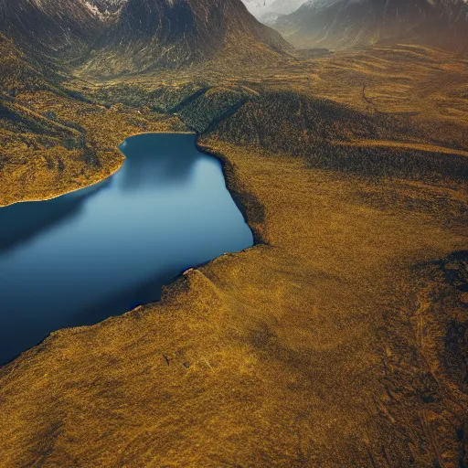 Image similar to majestic landscape, mountains and lakes, realistic, intricate, highly detailed, atmospheric, tilt shift, aerial photo, drone, 8 k
