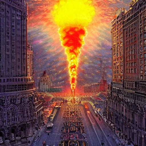 Image similar to nuclear bomb exploding in the center of a city, detailed 1 9 2 0 ’ s colored pencil, highly detailed, highly accurate, deep aesthetic, 8 k, highly ornate intricate details, cinematic lighting, rich colors, ray tracing, hyperrealistic, photorealistic, cinematic landscape, trending on artstation,