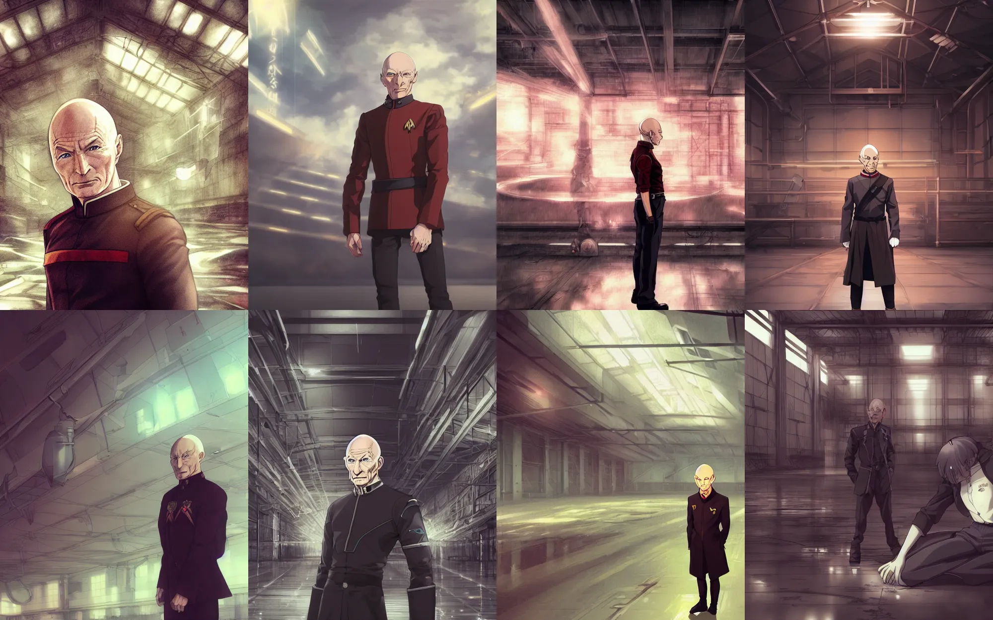 Prompt: Digital anime art by WLOP and Mobius, [Captain Picard], serious expression, [[empty warehouse]] background, highly detailed, spotlight