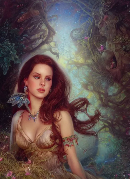 Image similar to Lana Del Rey glancing, Lilia Alvarado, Sophie Anderson, Mark Arian, Bob Byerley, Charlie Bowater, Mark Brooks, Steve Henderson, Justin Gerard, Arthur Hughes, Edward Robert Hughes, Mark Keathley, Victor Nizovtsev, Carlos Shwabe, Ross Tran, WLOP