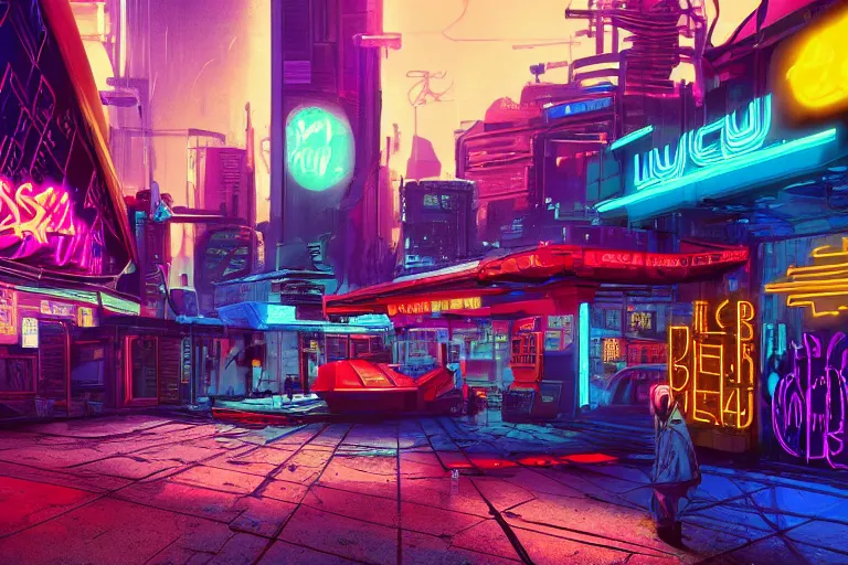 Image similar to a dreamlike cyberpunk city sit in the very far future, neon signs, shops and bars, floating buildings, glowing neons, synthwave, slightly abstract, rich deep colors, 4 k, realistic photography, flying cars in the distance, robot humanoids, anthropomorphic vehicles, fantasy setting, brilliant dreamy lighting, 8 0 s vibe, morning, blue sun