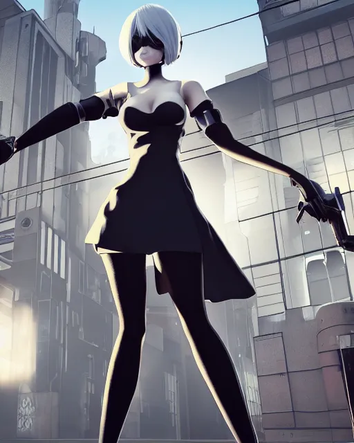 Prompt: 2B from Nier Automata and with slender body type standing in front of a large building holding a pistol, GTA 5 loading screen cover, cartoon illustration, 8k