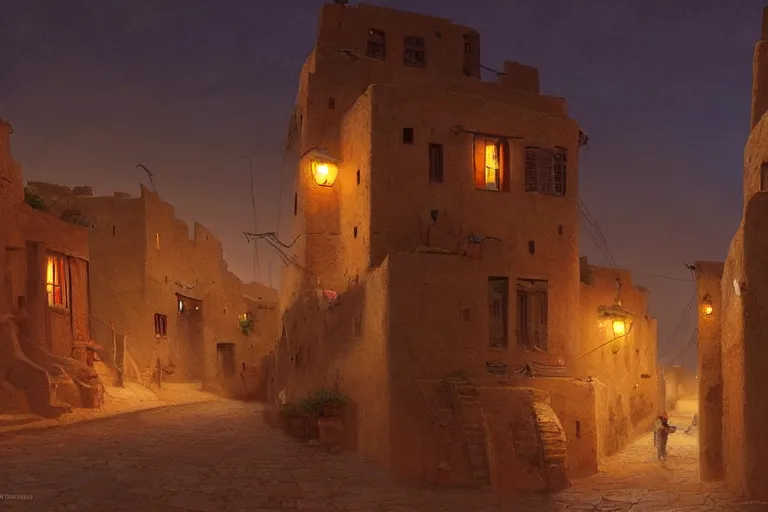 Image similar to in the middle of a adobe house kasbah town, mud and brick houses, merchant street, pueblo architecture, colorful crowd. Scenic view at night, underexposed, clean horizon, matte painting by raphael lacoste and marc simonetti and craig mullins and christophe vacher, trending on artstation