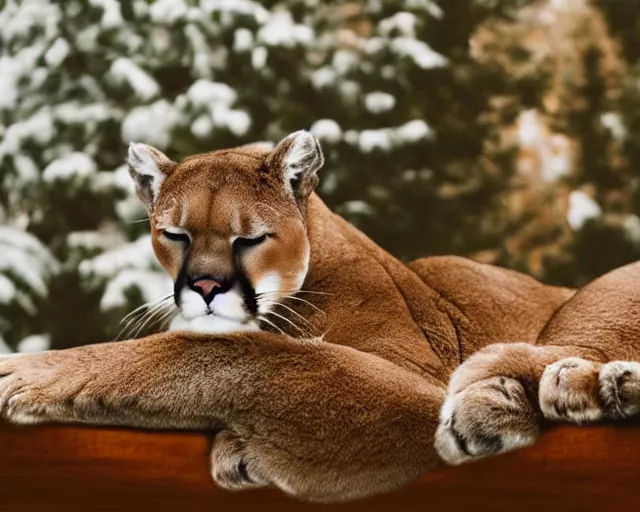 Image similar to colouring book showing 'a cougar sleeping in the middle of snowy pine tree' laying on coffee table, zoomed out shot, HD, iphone capture