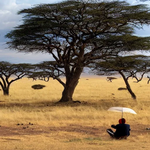 Prompt: a man sitting under an umbrella in a serengeti landscape, wide angle, panorama