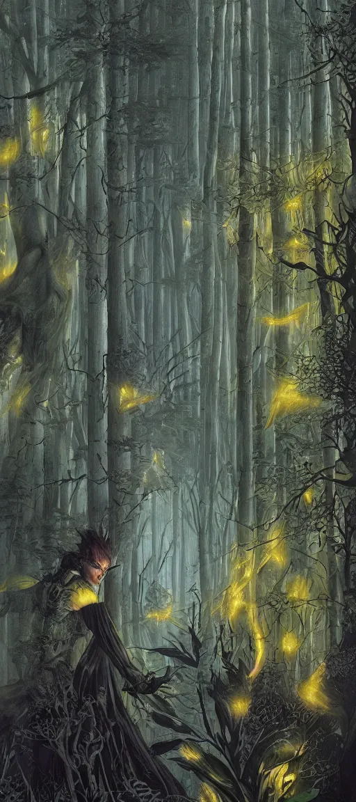 Prompt: detailed sharp focus, dark forest with mystical shadows with yellow shining eyes wandering in the mist, artwork by Victor Adame Minguez + Yuumei + Tom Lovell + Sandro Botticelli,