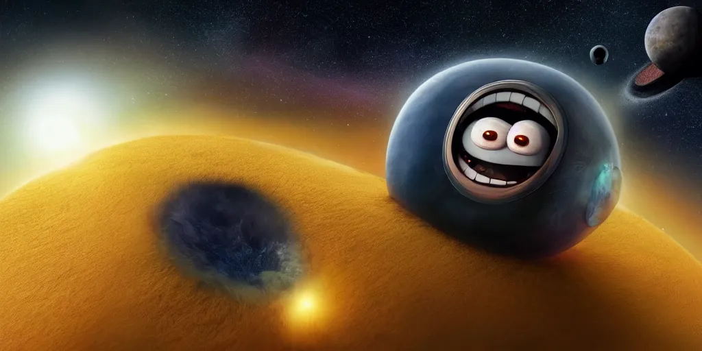Image similar to a giant minion devouring a planet with its mouth made of blackhole, hyper realistic
