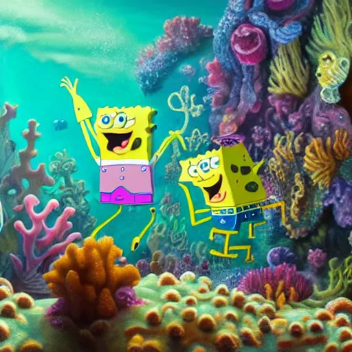 Prompt: spongebob squarepants and squidward smoke weed under the sea, extremely detailed oil painting, high clarity, highly detailed, abstract, deep aesthetic, 8 k, highly ornate intricate details, cinematic lighting, rich colors, digital artwork, beautiful scenic view, ray tracing, hyperrealistic, photorealistic, cinematic landscape, trending on artstation, concept art,