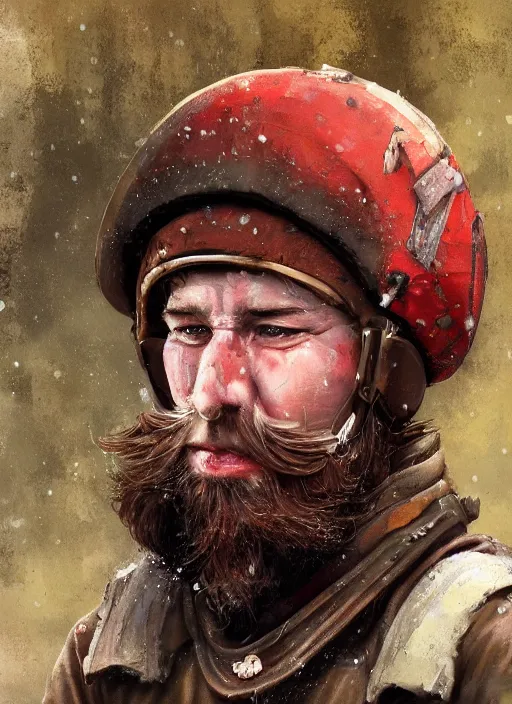 Prompt: A portrait of a single Soviet tankman with a short beard wearing traditional Sámi clothing, postapocalyptic, trending on ArtStation, oil painting