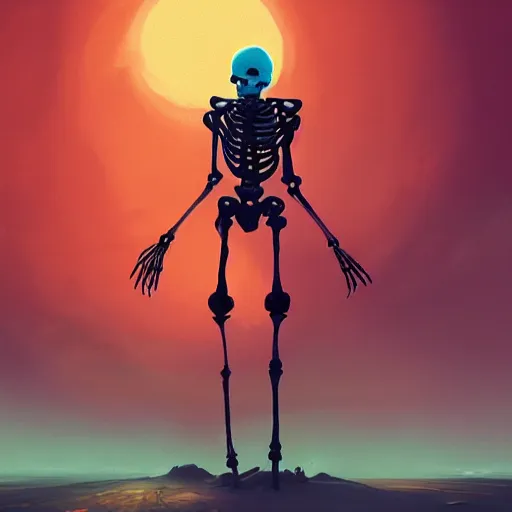 Prompt: a digital painting of a skeleton standing in the sky, concept art by simon stalenhag, cgsociety, vanitas, ominous, speedpainting, apocalypse art