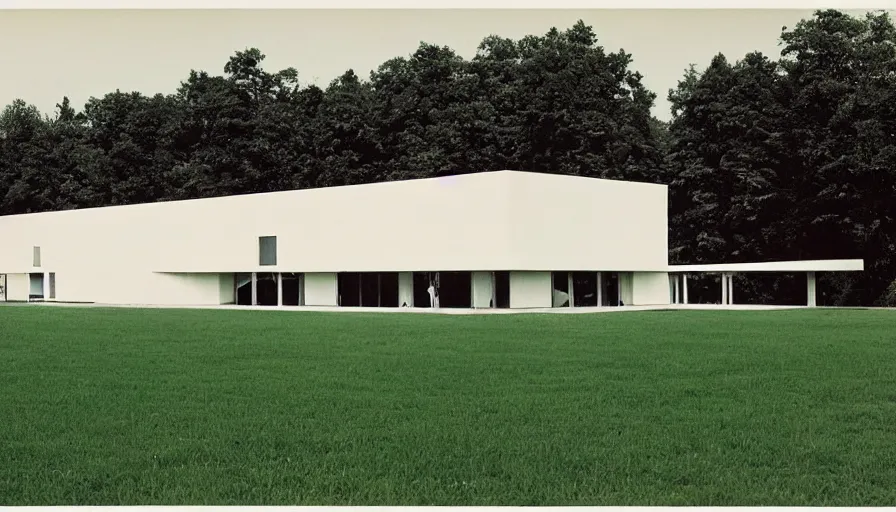 Prompt: a large white building sitting on top of a lush green field, an art deco sculpture by Bauhaus, cg society, bauhaus, panorama, art deco, 1970s