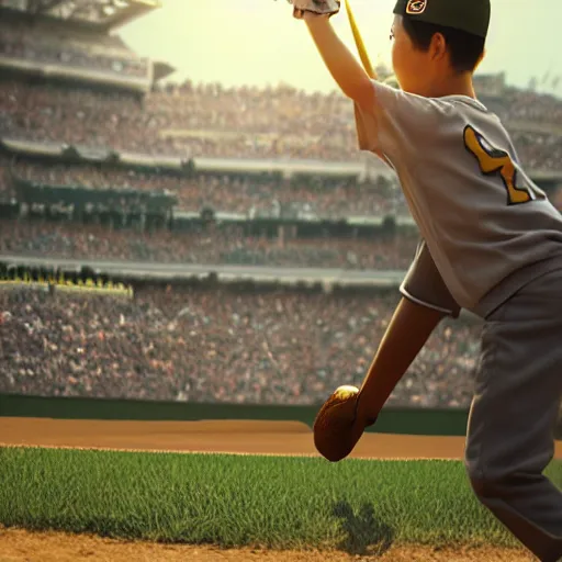 Image similar to a boy hitting a homerun in a baseball game on an idyllic beautiful summer day. Close up. Asian boy with black hair and green eyes. Lens flare. Golden hour. Craig Mullins. Ruan Jia Makoto shinkai.