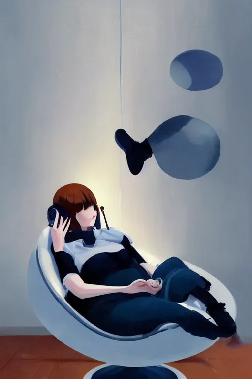 Prompt: a cute young woman lying in a ball chair listening to music with her eyes closed and wearing headphones, black bob cut hair, freckles, cozy setting, blue and white, warm lighting, cinematic, moody, nier automata, poster, oil on canvas, in the style of Ilya Kuvshinov, Krenz Cushart, Range Murata, Eero Aarnio, 8k