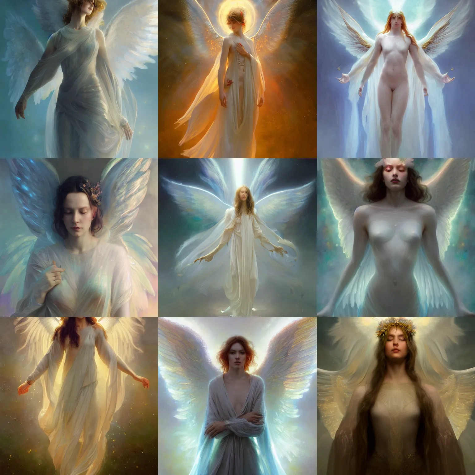 Prompt: high quality painting of beautiful radiant angel, glorious supernatural power, mystical purity, bright halo, symmetrical full body, holographic translucent wings. glowing turbulent mist, smooth white and soft by ruan jia, tom bagshaw, alphonse mucha, vray render, artstation, deviantart, pinterest