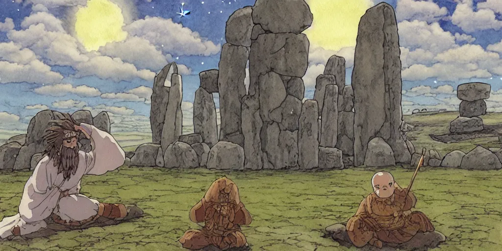 Prompt: a hyperrealist studio ghibli watercolor fantasy concept art of a giant medieval monk in lotus position in stonehenge with a starry sky in the background. a giant ufo from independence day ( 1 9 9 6 ) is floating in the air. by rebecca guay, michael kaluta, charles vess