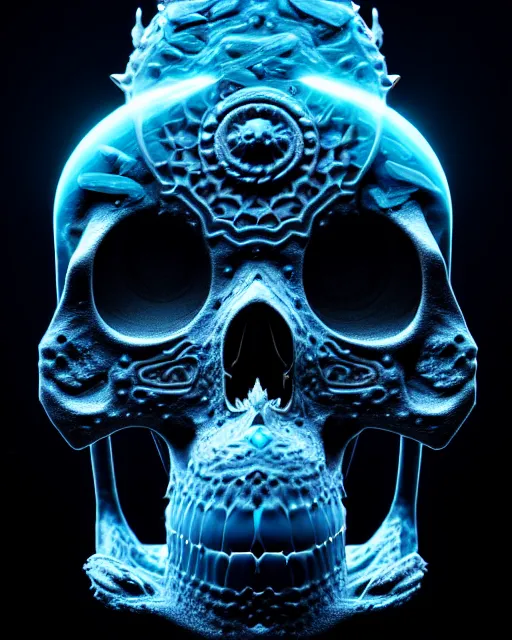 Image similar to 3 d ornate carved dark cosmic skull with profile portrait, sigma 5 0 0 mm f / 5. beautiful intricate highly detailed aquarium bioluminescent, plasma, lava, ice, water, wind, creature, thunderstorm! artwork by tooth wu and wlop and beeple and greg rutkowski, 8 k trending on artstation