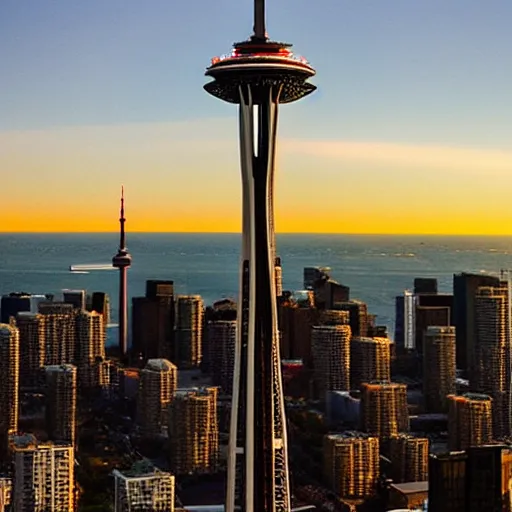 Image similar to Toronto space needle tourist guide with planet mars as a head, dramatic cinematic lighting