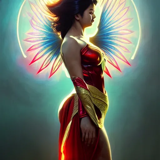 Prompt: angel locsin as darna, volumetric lights, red and cyan theme, art nouveau botanicals, intricate, highly detailed, digital painting, artstation, concept art, smooth, sharp focus, cinematic, illustration, beautiful face, art by artgerm and greg rutkowski and alphonse mucha