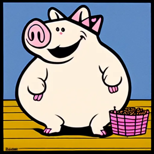 Image similar to comic art of a cute obese pig smiling in a black shirt wearing a crown eating snacks, drawn by Bruce MacKinnon, 4K