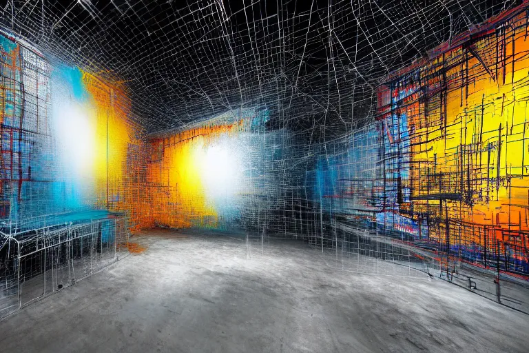 Image similar to industrial wireframe room, multilayer glitch effect in spatial perceptron synapses, matte painting, 4 k, epic composition, volumetric light, abstract illusionism, by robert rauschenberg, konstantinas ciurlionis, jean - michel basquiat, pour paint, modern street art, grunge wall