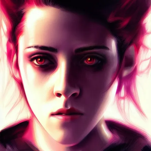 Image similar to Portrait of a Kristen Stewart in cyber mask, digital art from artstation by Ikeuchi and Ruan Jia and Mandy Jurgens and Artgerm, red LED lights, extremely beautiful and proportionate face, sharp focus, hyper detailled