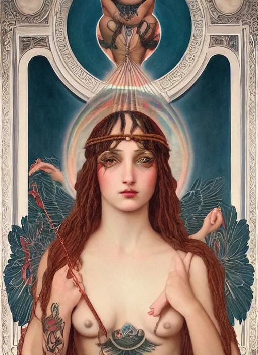Image similar to beautiful enlightened cult magic psychic woman with tattoos, tattooed skin, oil painting, robe, symmetrical face, greek dark ritual myth, by john william godward and anna dittman, masterpiece