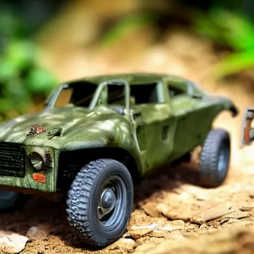 Image similar to 3 5 mm photo of militar car like hot wheels model in jungle as background, on an very epic cinematic